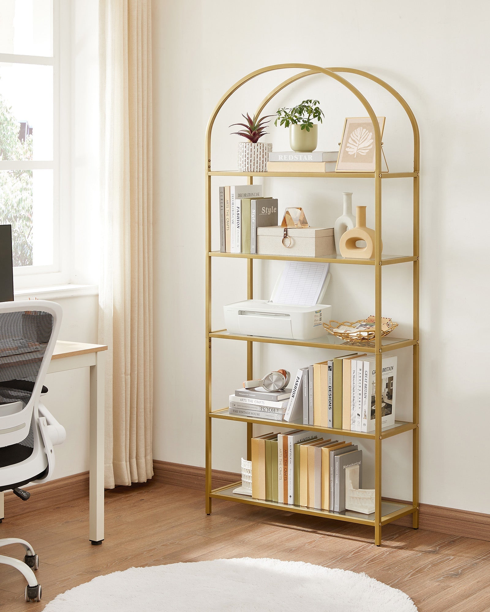 Ladder Shelving Unit - 5-Tier Design - Glass - Gold