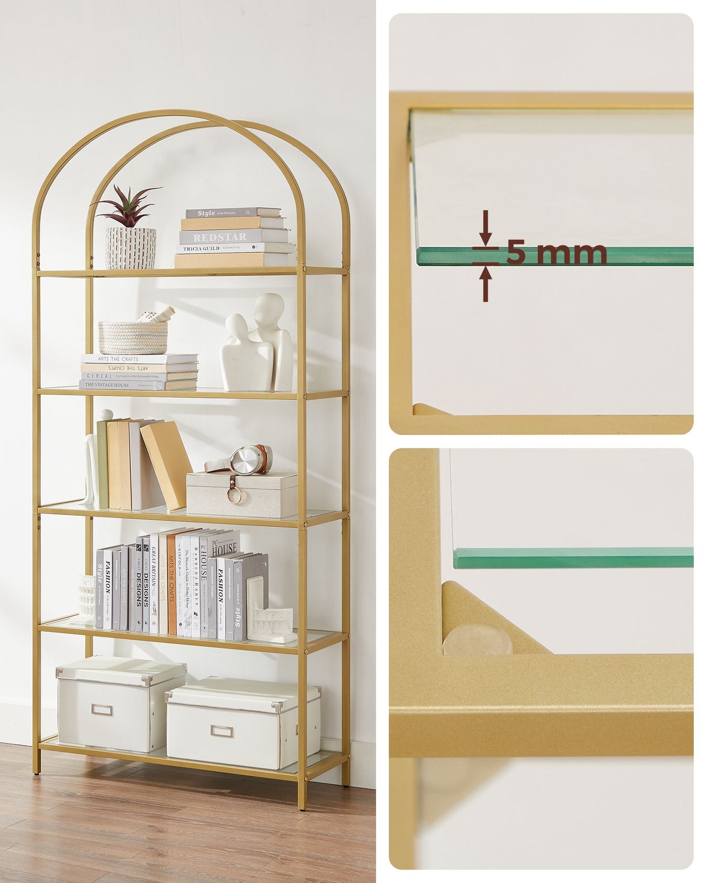 Ladder Shelving Unit - 5-Tier Design - Glass - Gold