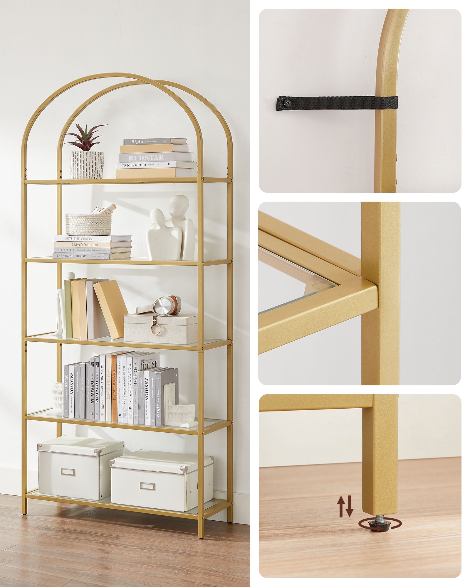 Ladder Shelving Unit - 5-Tier Design - Glass - Gold