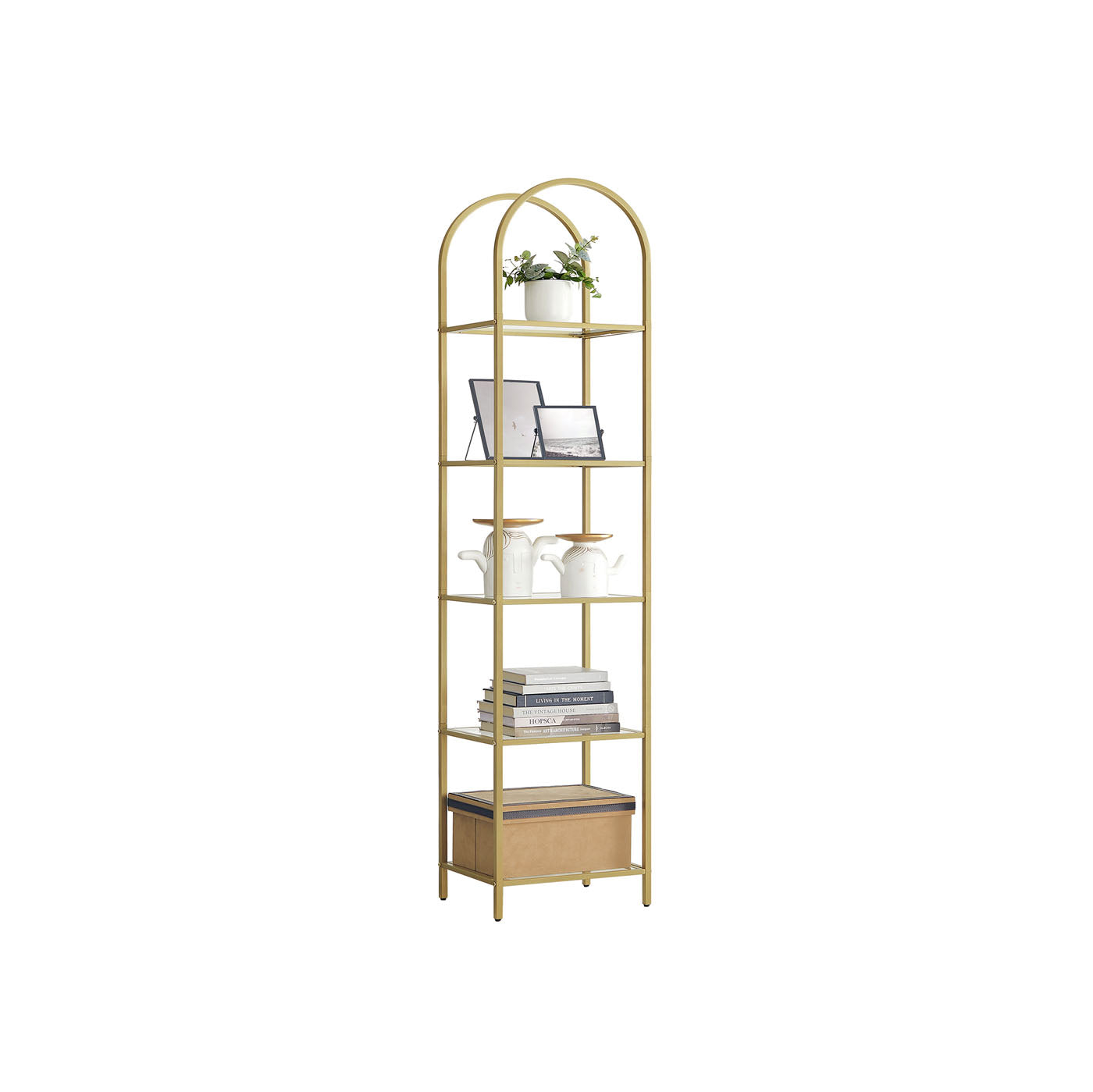 5-Tier Arched Shelf - Tempered Glass - Metallic Gold - Multi-Room Versatility
