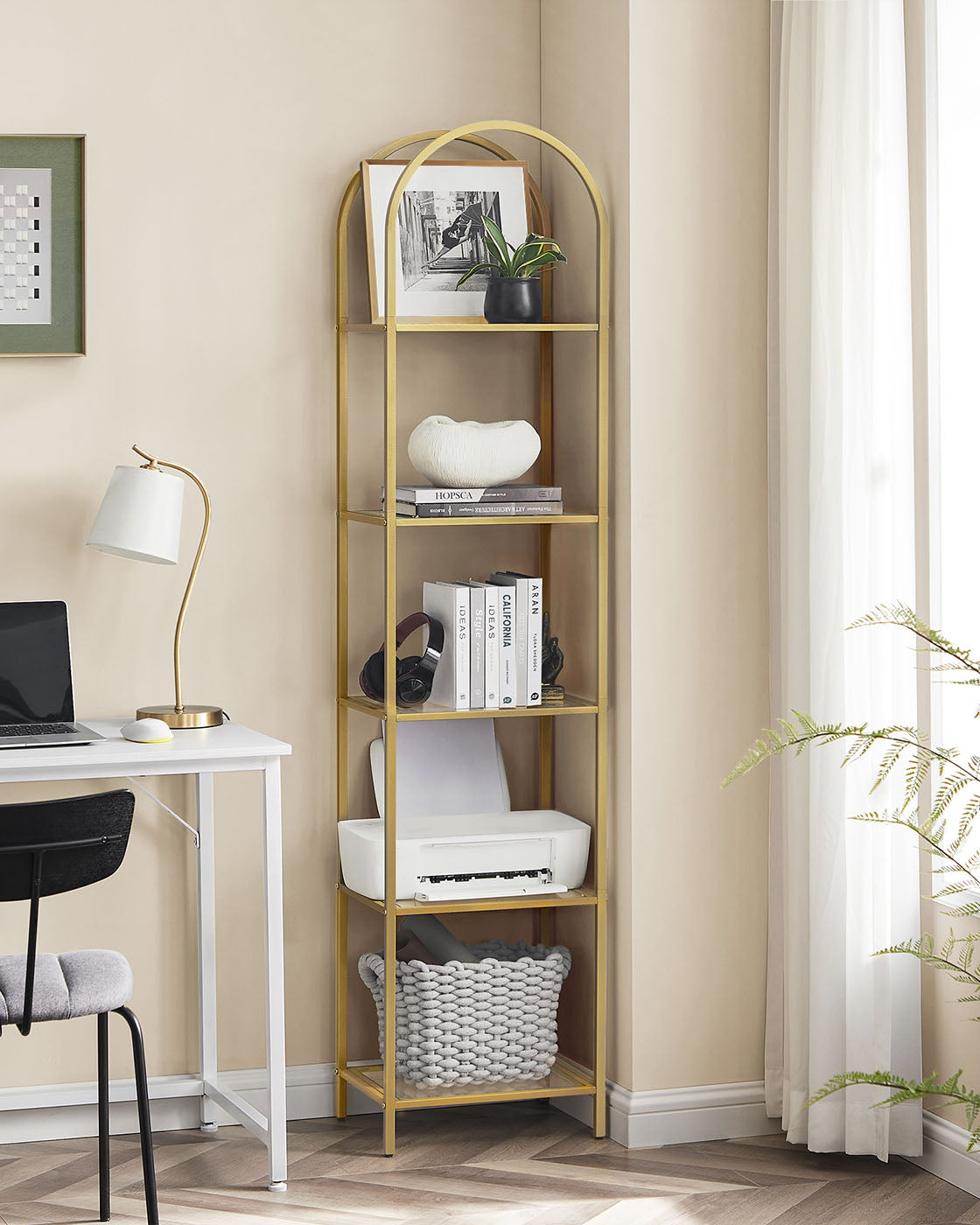 5-Tier Arched Shelf - Tempered Glass - Metallic Gold - Multi-Room Versatility