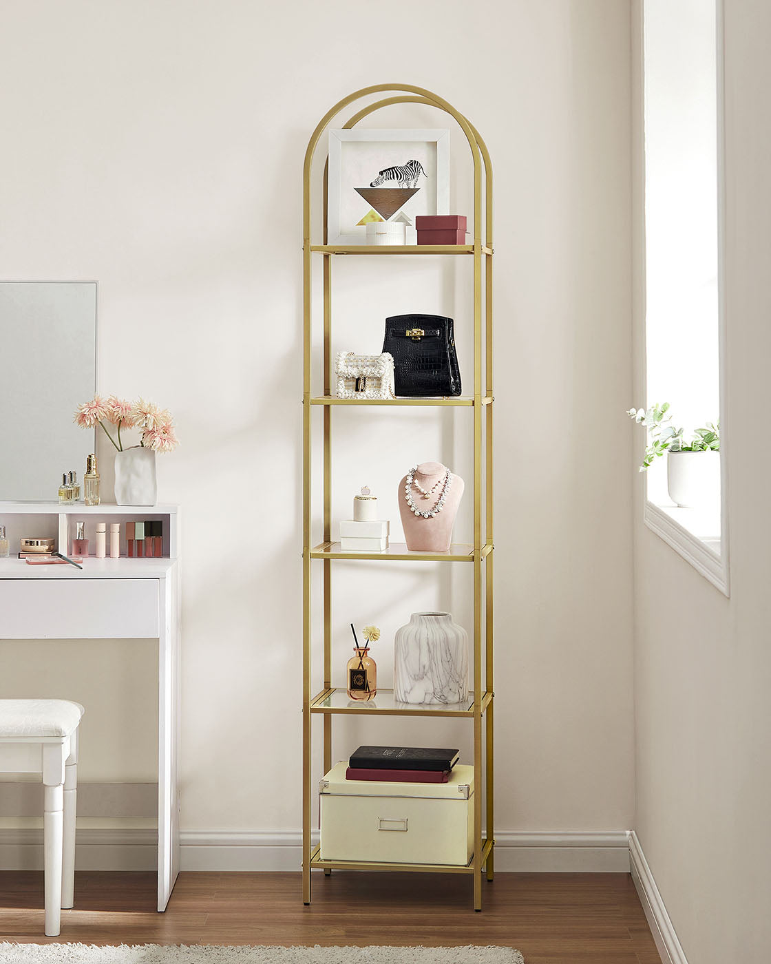5-Tier Arched Shelf - Tempered Glass - Metallic Gold - Multi-Room Versatility