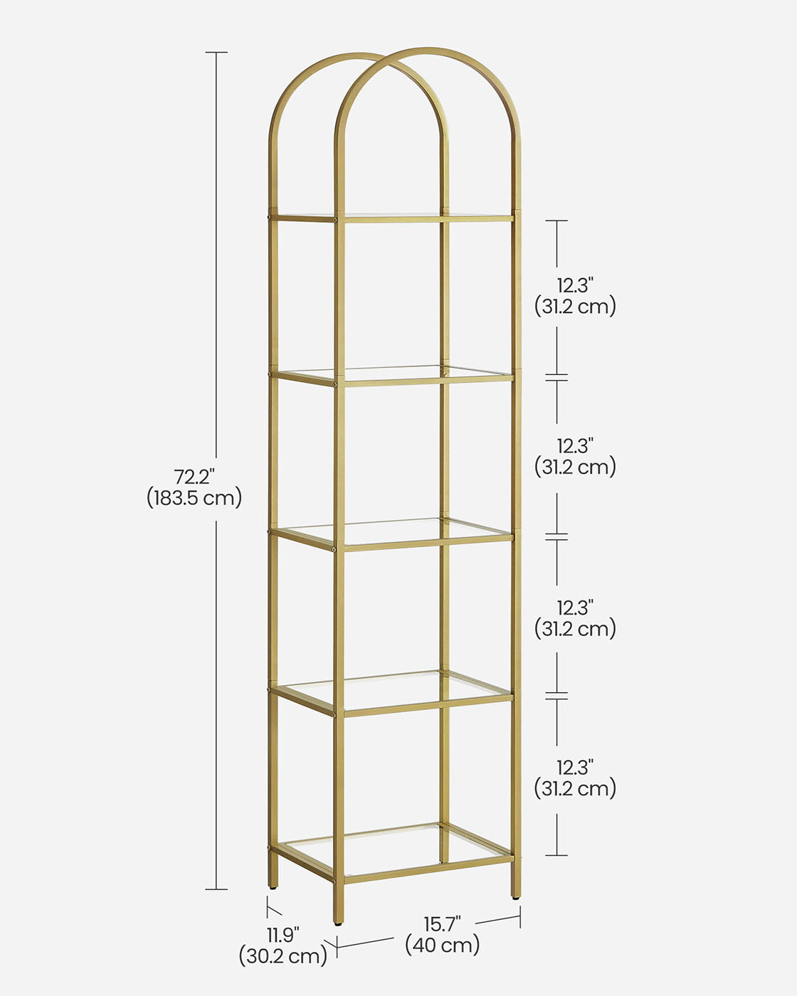 5-Tier Arched Shelf - Tempered Glass - Metallic Gold - Multi-Room Versatility