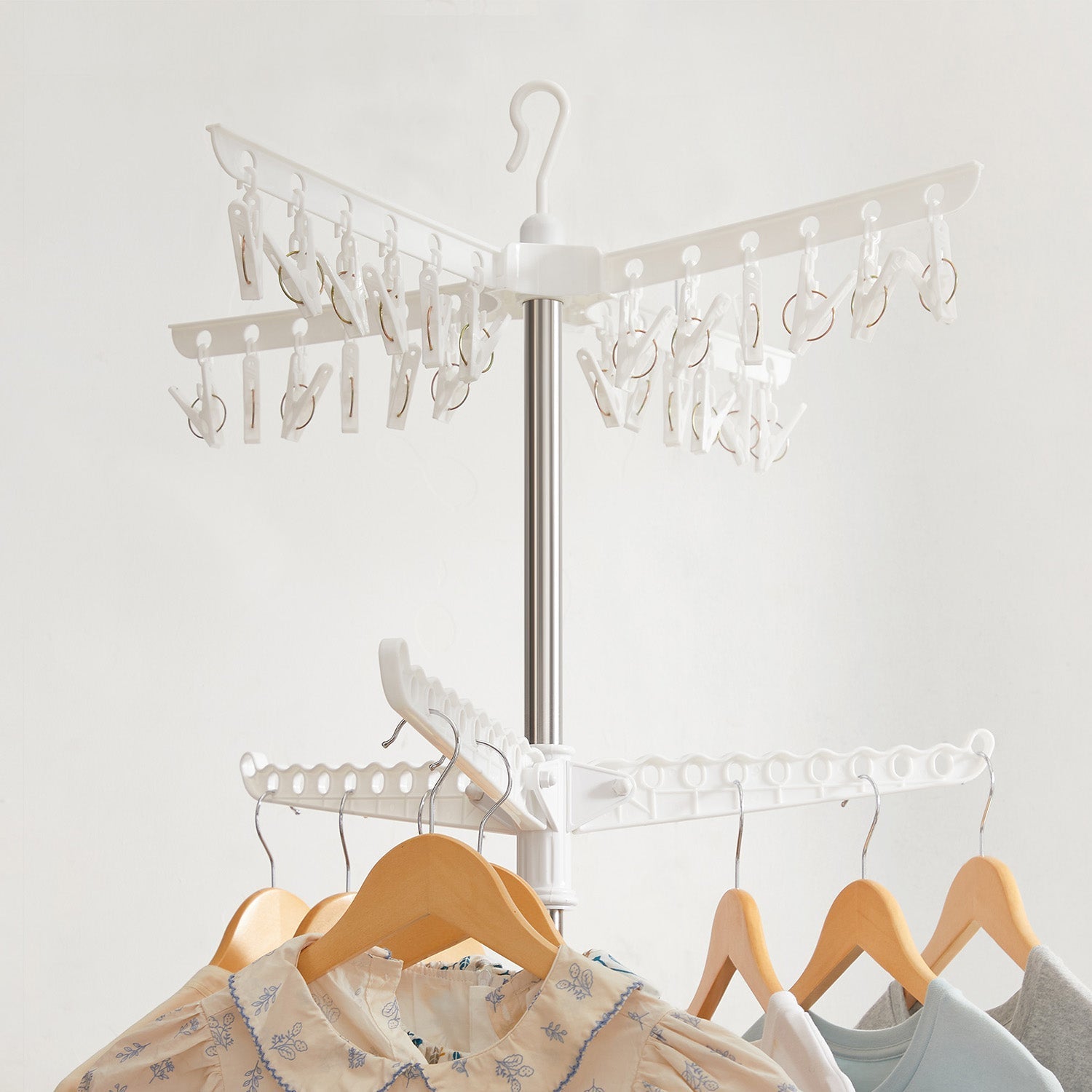 Clothes Drying Rack - Stainless Steel - White and Silver - 3 Rotatable Arms