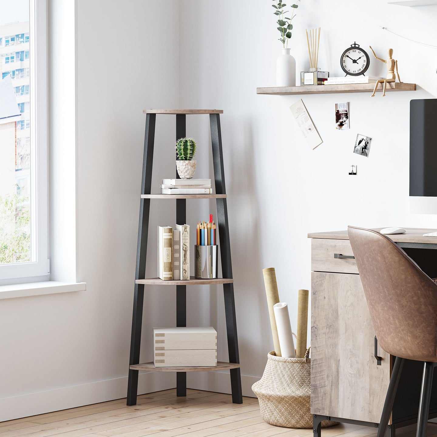 4-Tier Corner Shelf - MDF - Rustic Brown