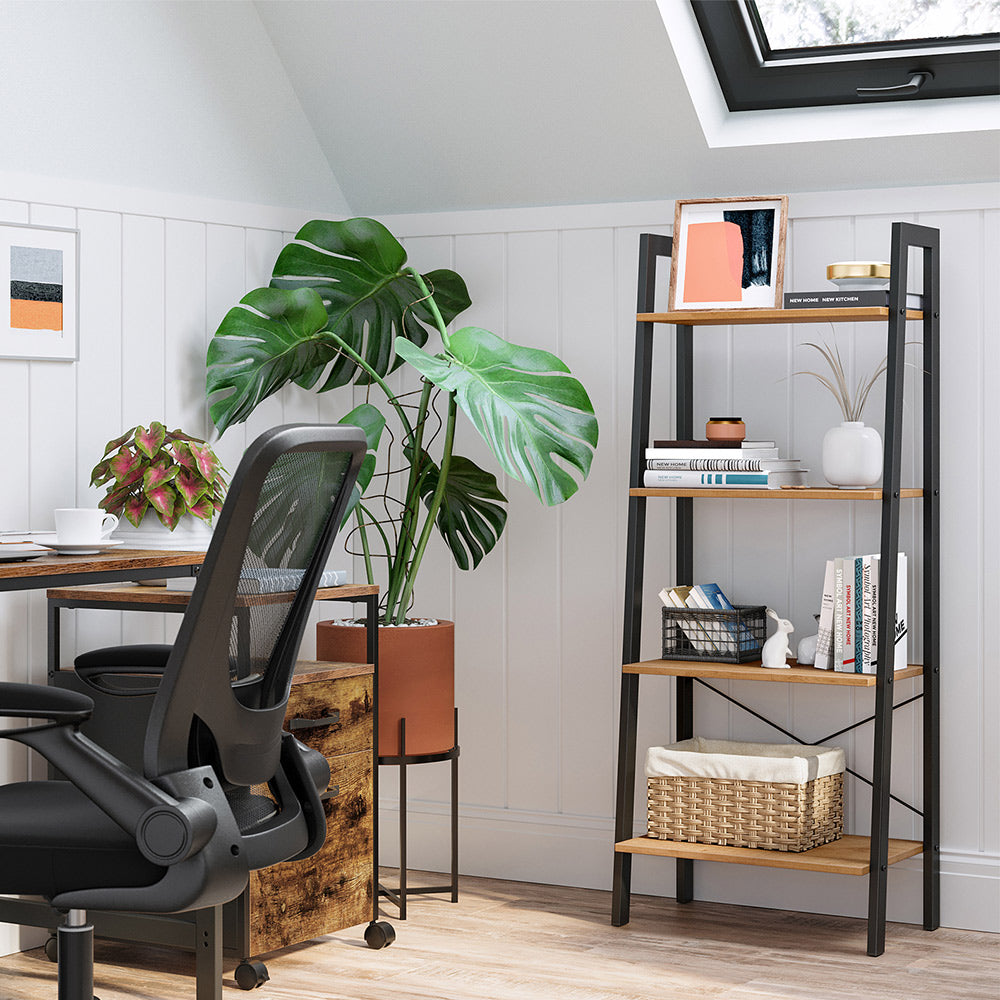 Ladder Shelf - 4-Tier Industrial Design - Engineered Wood - Hazelnut Brown and Black