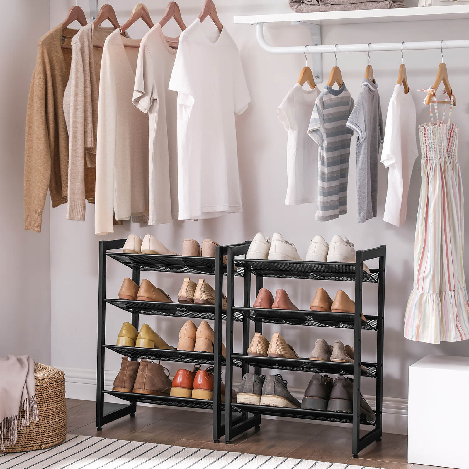 Stackable 4-Tier Shoe Organiser - Metal Mesh - Black - Compact Large Capacity for 16-24 Pairs