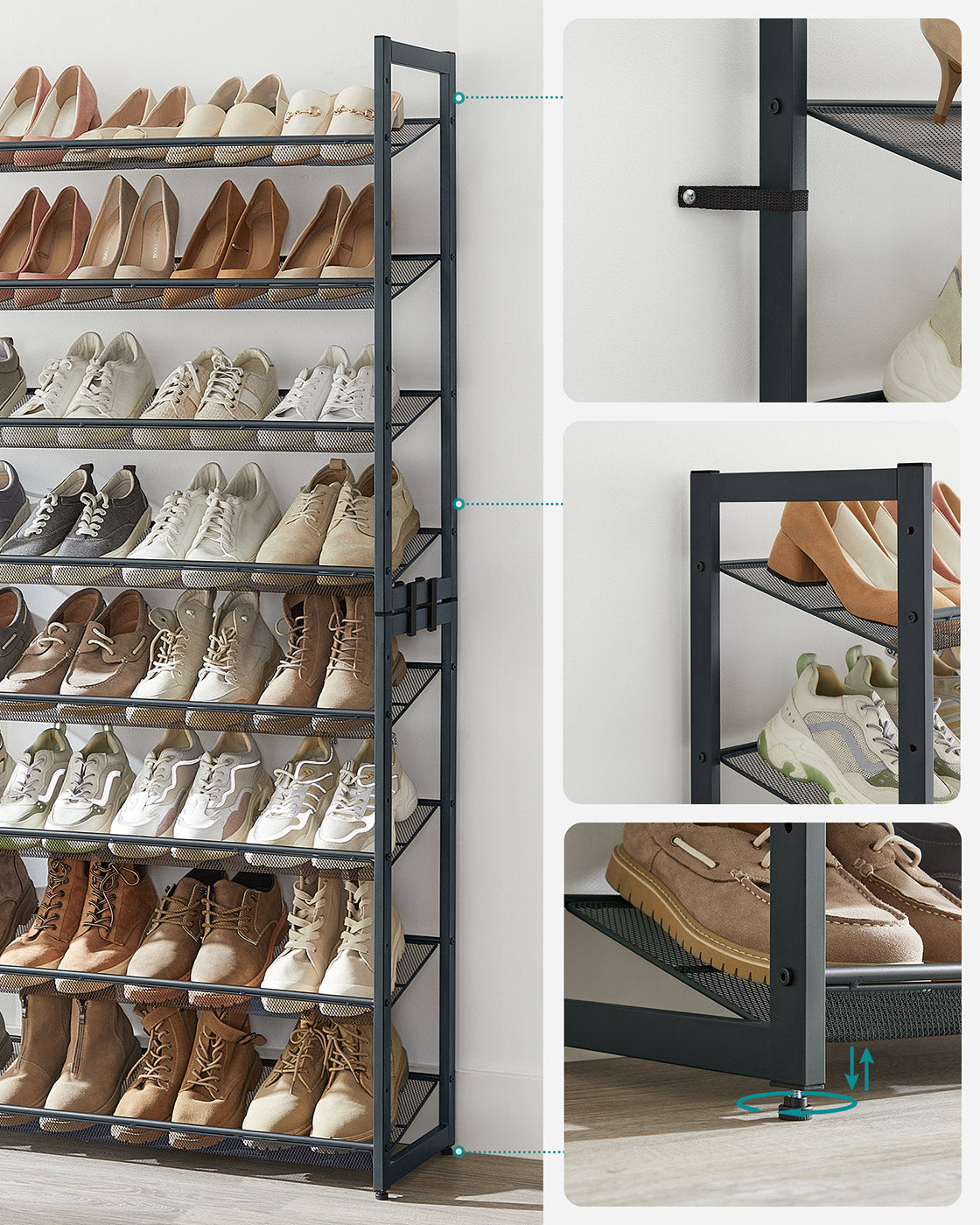 Stackable Shoe Rack Set - Metal Mesh - Black - 12-Tier Capacity for 48-60 Pairs of Shoes