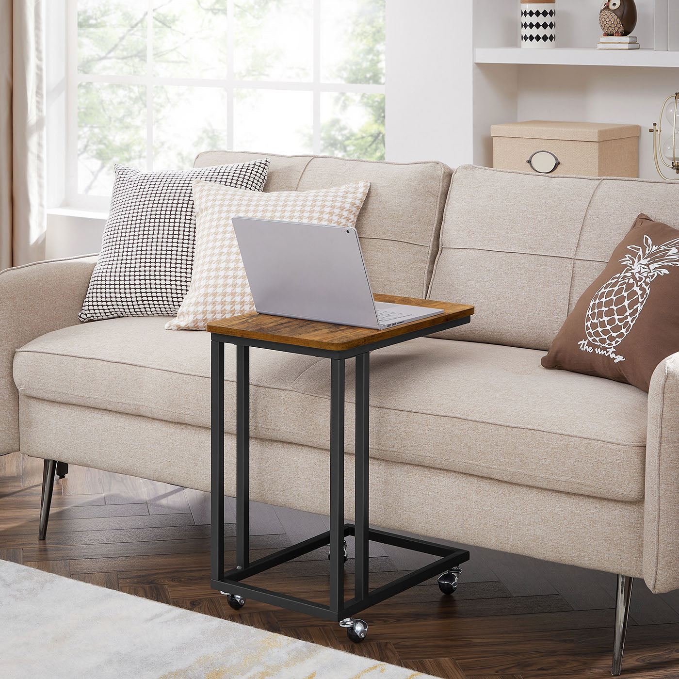 End Table - Metal Frame - Rustic Brown - Rolling Castors