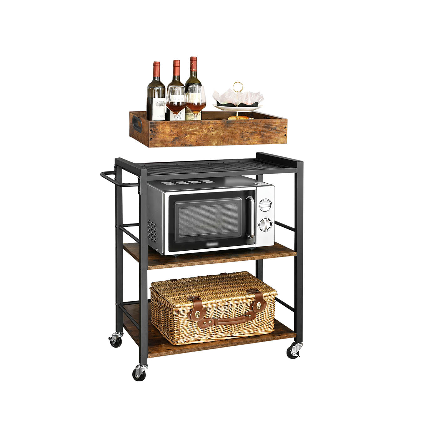Kitchen Cart - Steel - Rustic Brown - With Removable Tray and Universal Castors