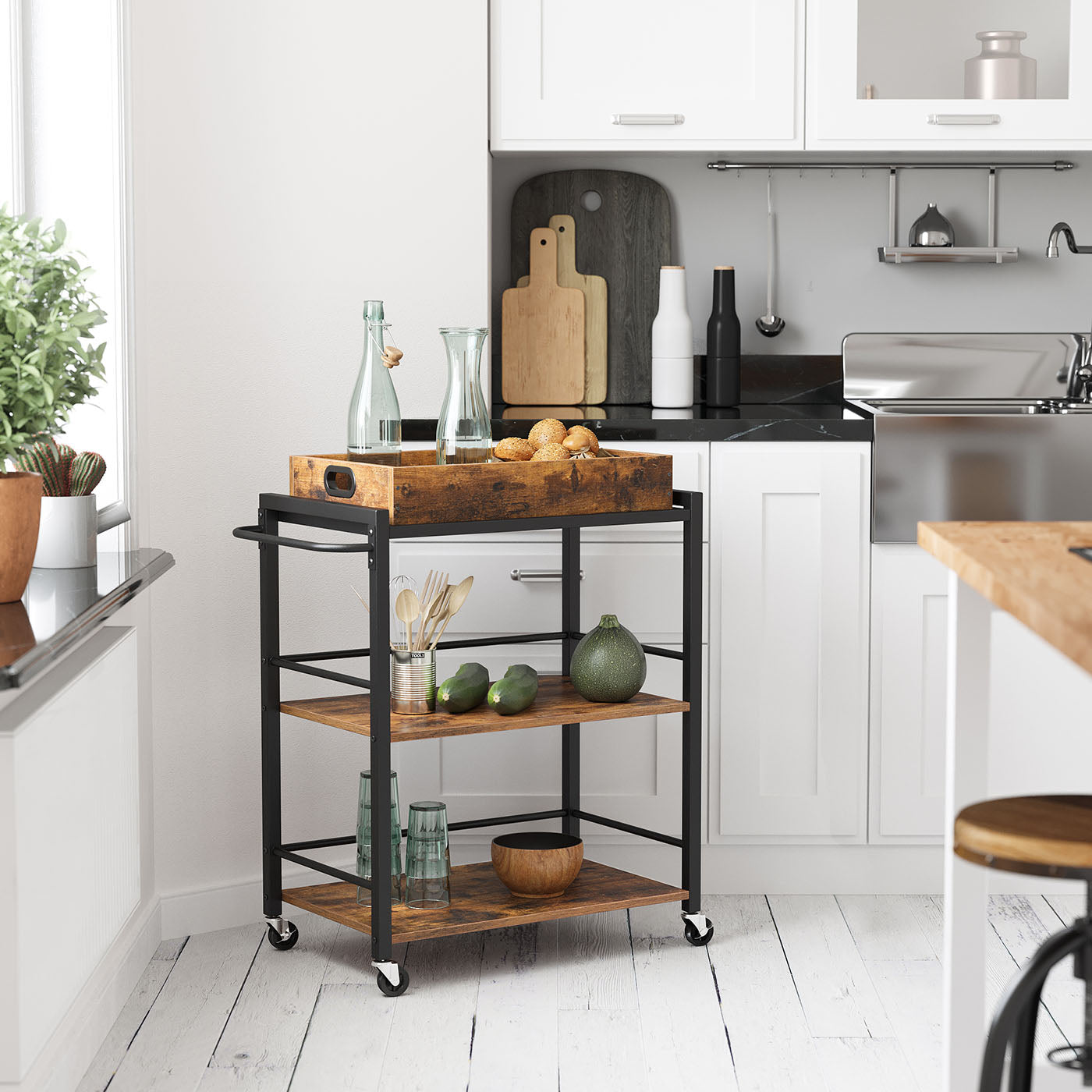 Kitchen Cart - Steel - Rustic Brown - With Removable Tray and Universal Castors