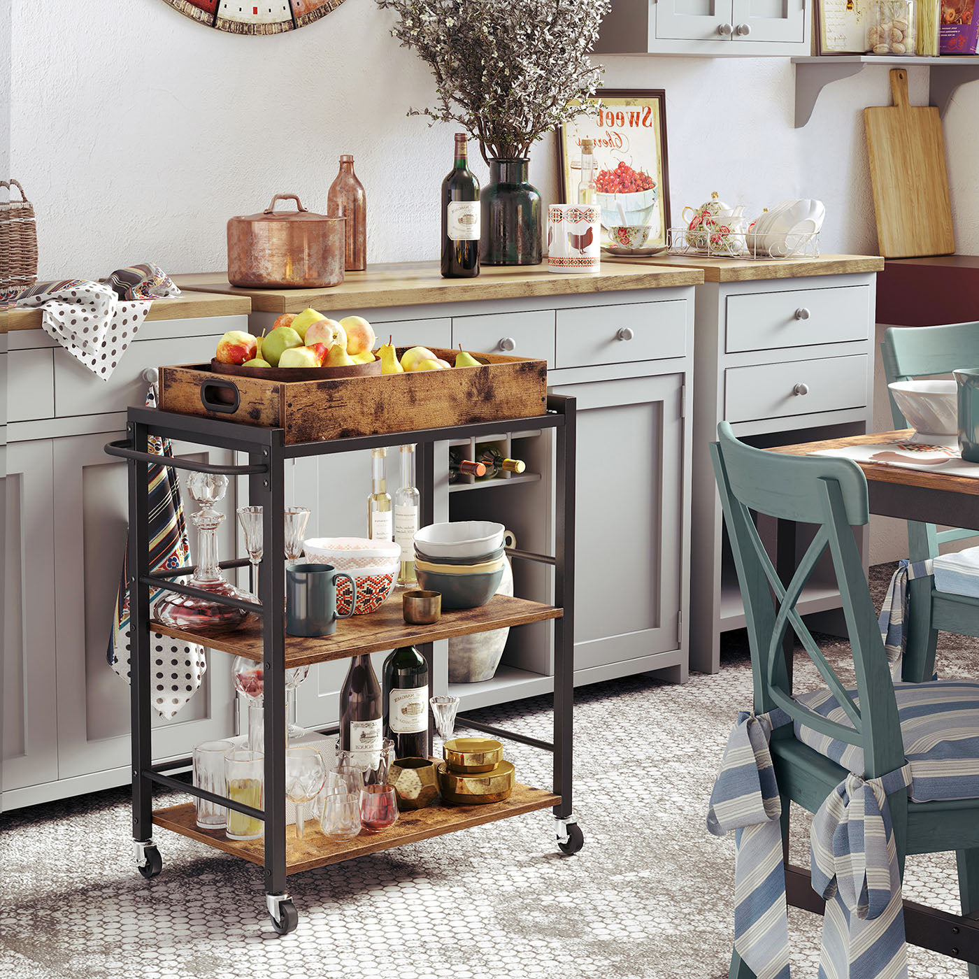 Kitchen Cart - Steel - Rustic Brown - With Removable Tray and Universal Castors