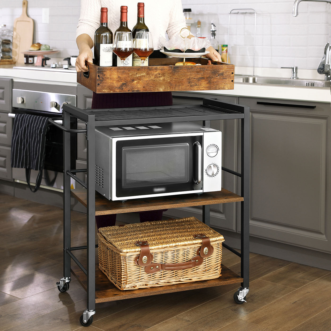 Kitchen Cart - Steel - Rustic Brown - With Removable Tray and Universal Castors