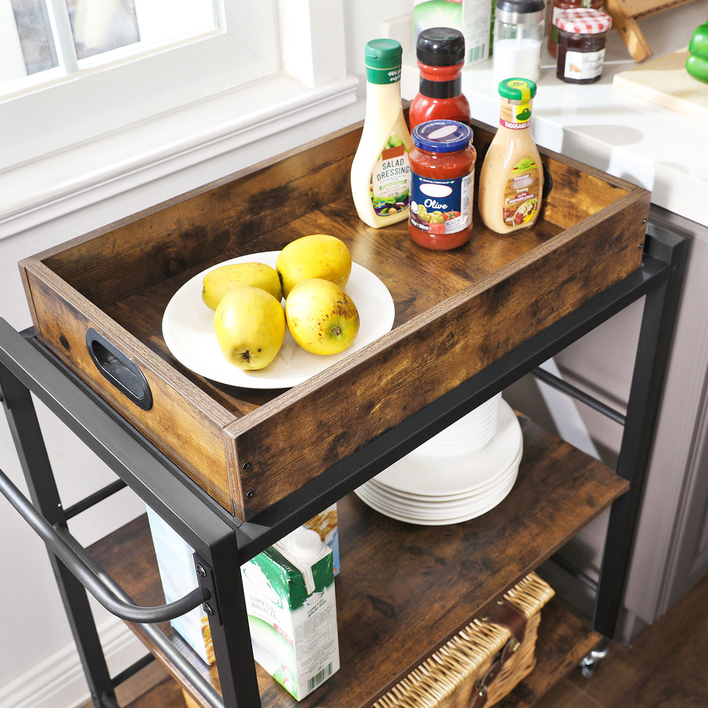 Kitchen Cart - Steel - Rustic Brown - With Removable Tray and Universal Castors