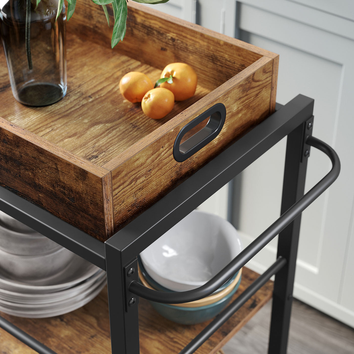 Kitchen Cart - Steel - Rustic Brown - With Removable Tray and Universal Castors