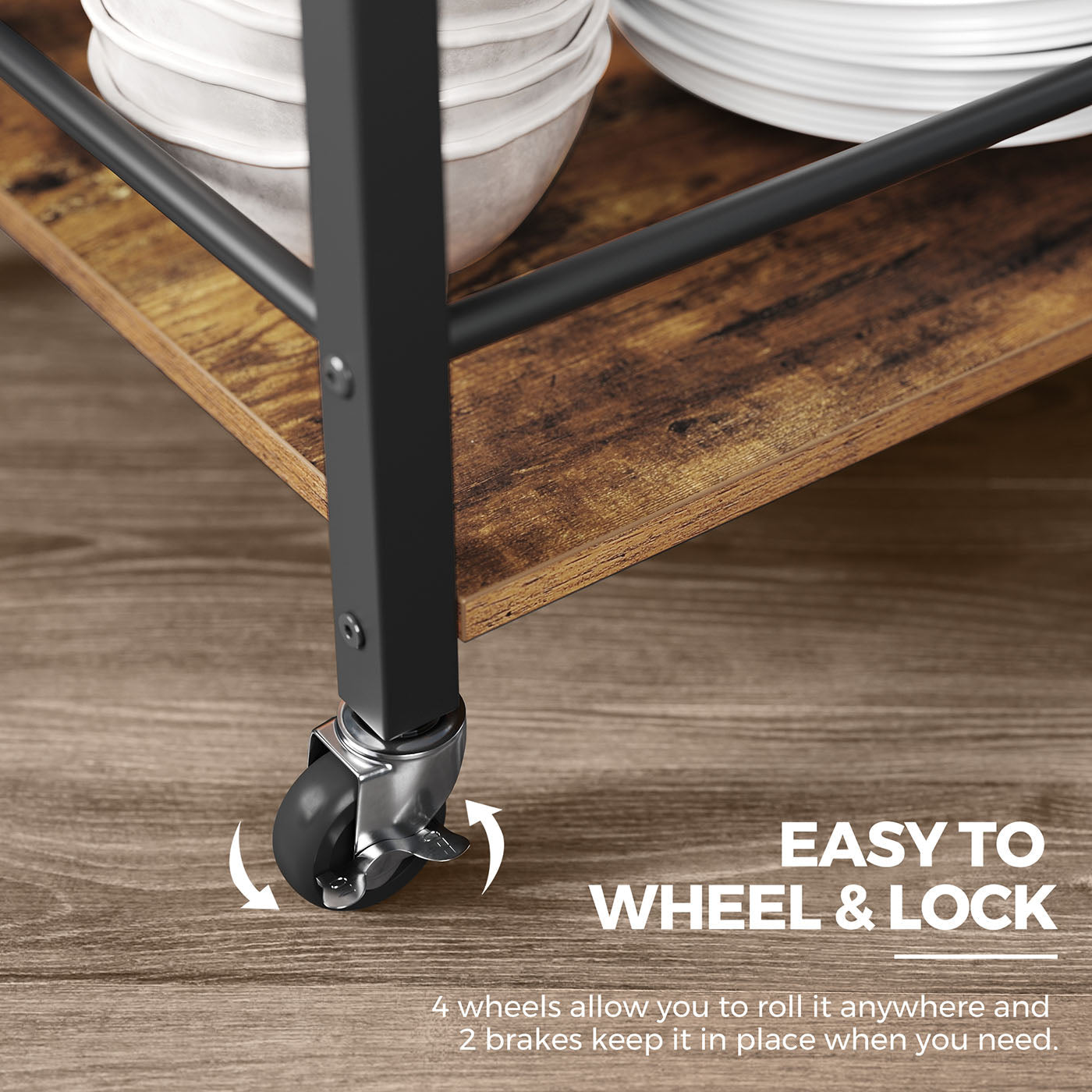Kitchen Cart - Steel - Rustic Brown - With Removable Tray and Universal Castors
