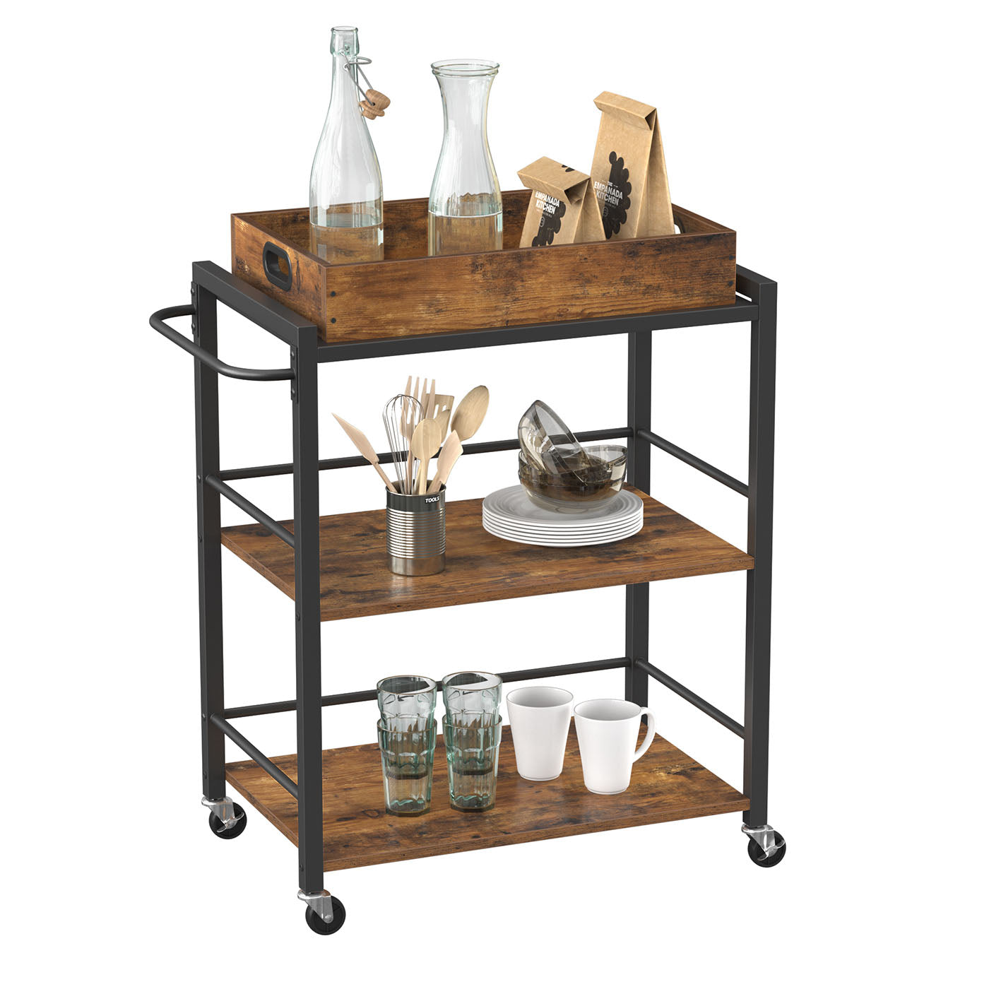 Kitchen Cart - Steel - Rustic Brown - With Removable Tray and Universal Castors