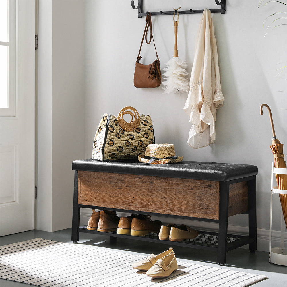 Shoe Storage Bench - Steel - Hazelnut Brown and Black - Padded Seat with Shoe Shelf
