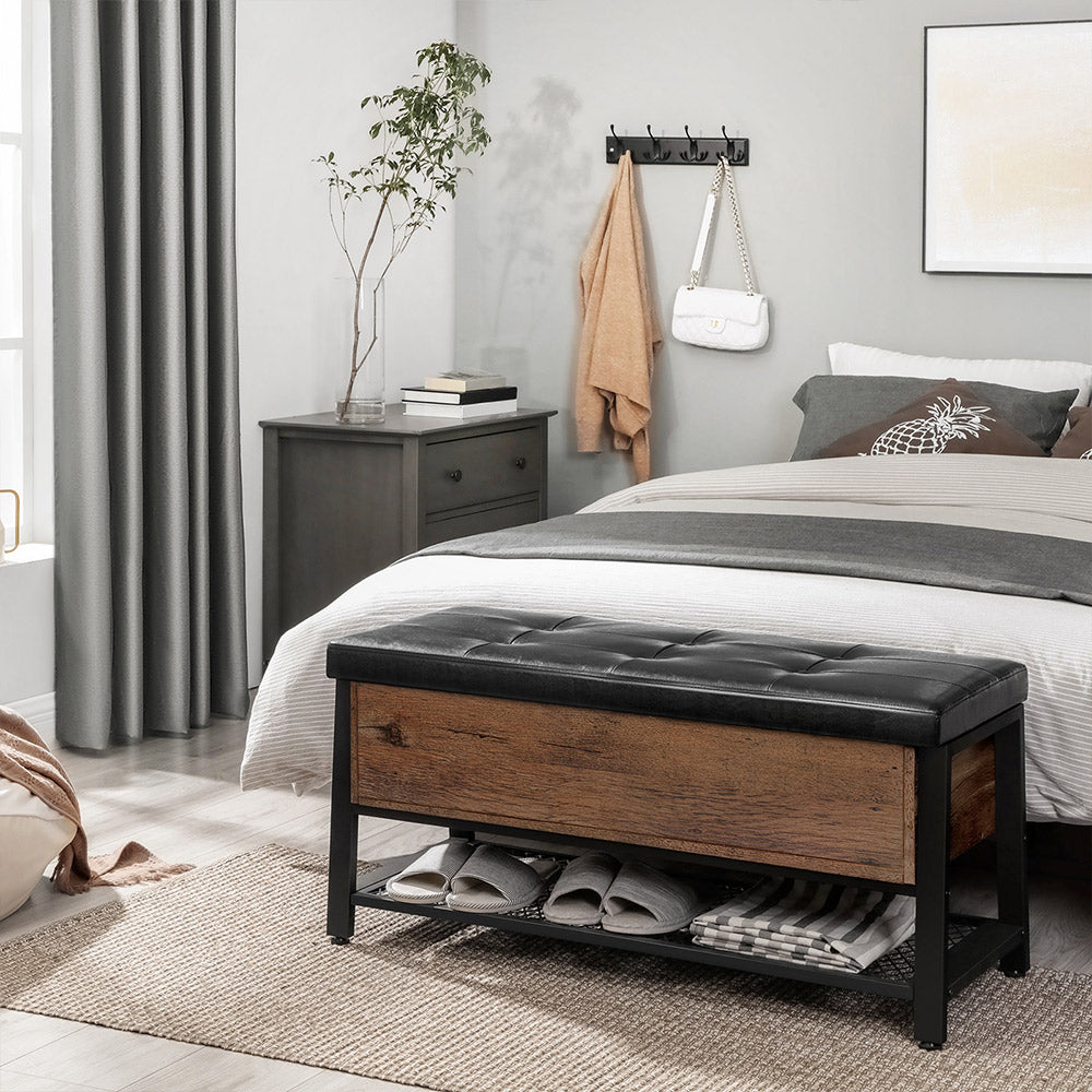 Shoe Storage Bench - Steel - Hazelnut Brown and Black - Padded Seat with Shoe Shelf