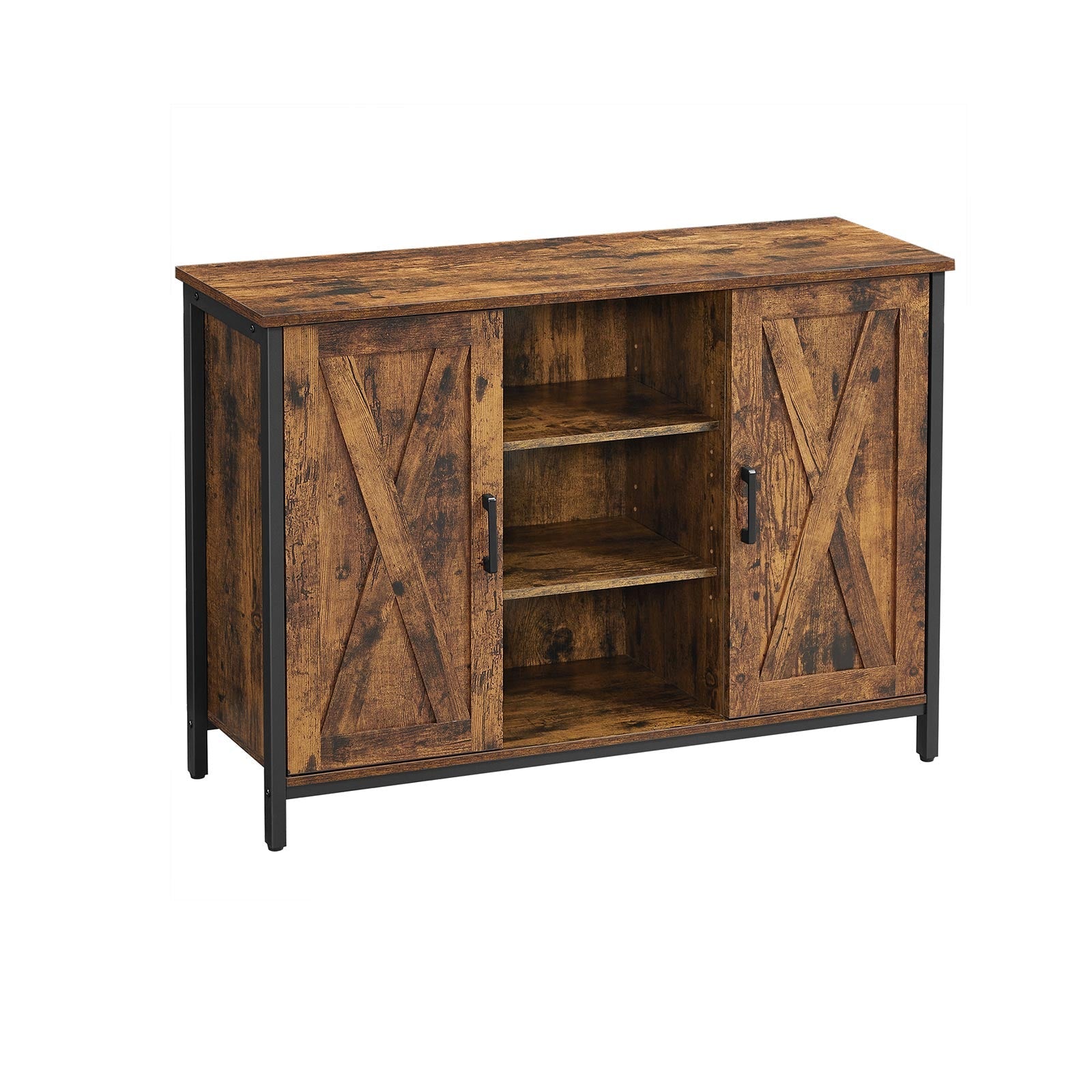 Storage Cabinet - Engineered Wood - Rustic Brown and Black - Barn Doors with Cupboard and Shelves