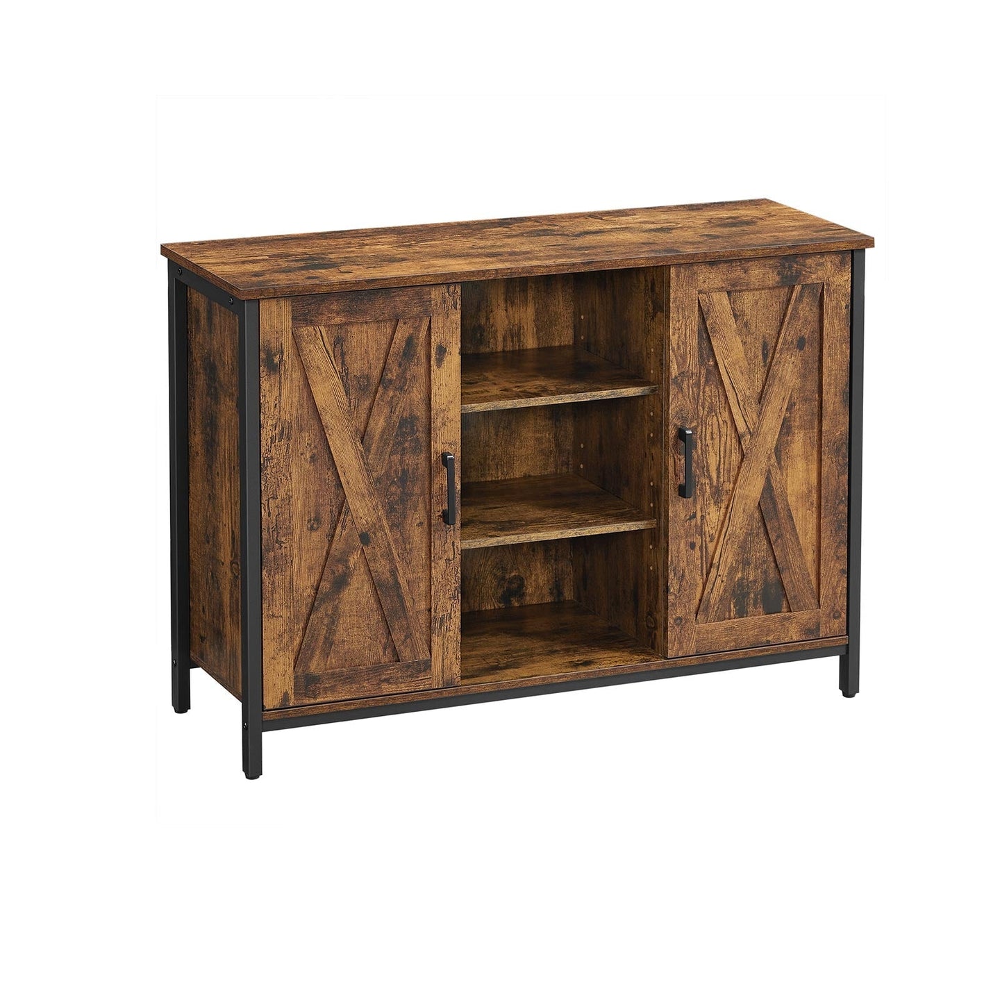 Storage Cabinet - Engineered Wood - Rustic Brown and Black - Barn Doors with Cupboard and Shelves