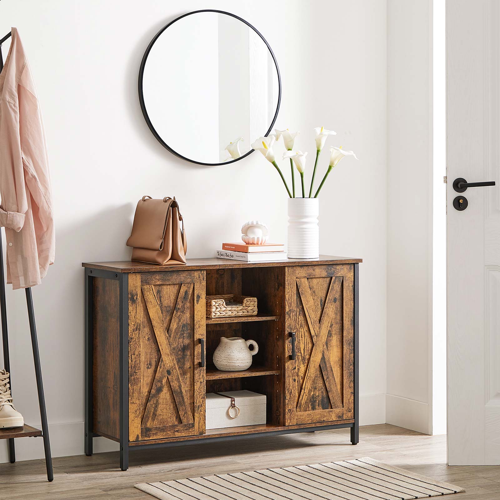 Storage Cabinet - Engineered Wood - Rustic Brown and Black - Barn Doors with Cupboard and Shelves