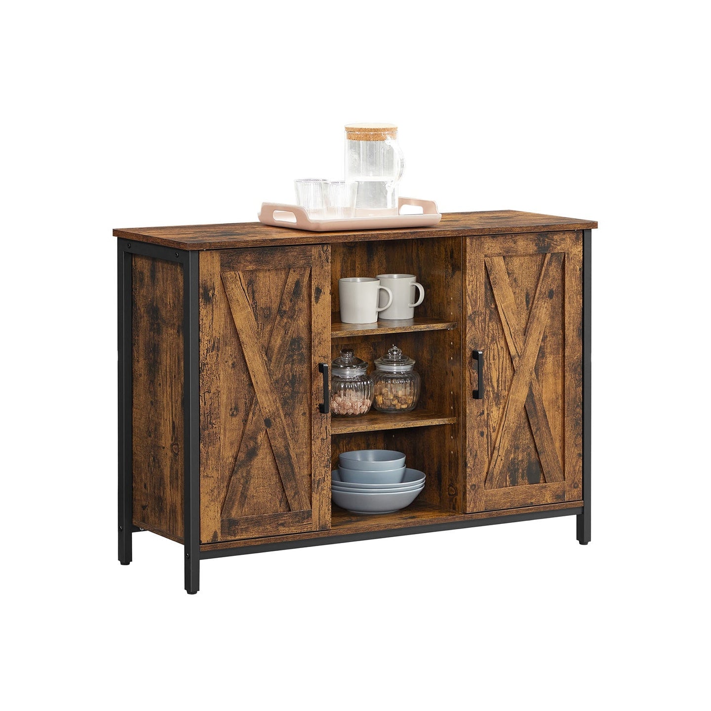 Storage Cabinet - Engineered Wood - Rustic Brown and Black - Barn Doors with Cupboard and Shelves