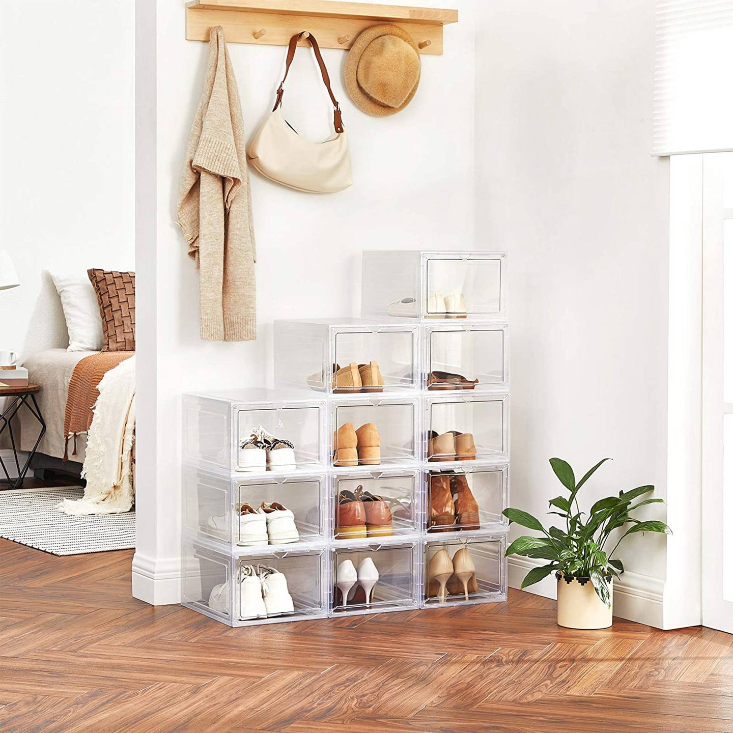 Shoe Storage Organisers - Plastic - White - Stackable with Clear Doors
