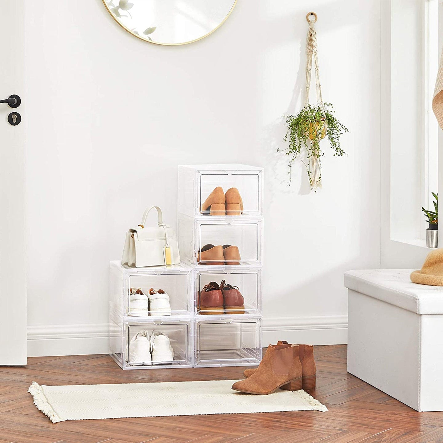 Shoe Storage Organisers - Plastic - White - Stackable with Clear Doors