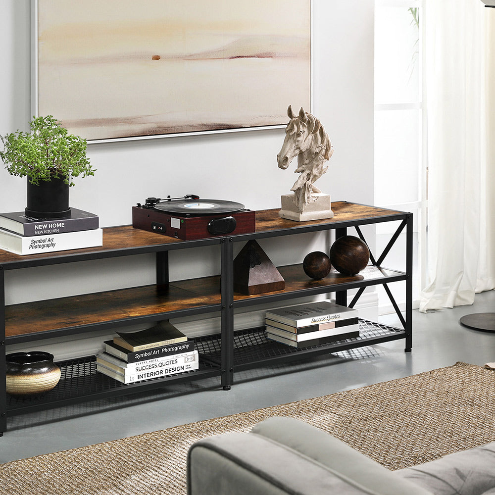 TV Stand - 3-Tier Industrial Style - Steel - Rustic Brown and Black