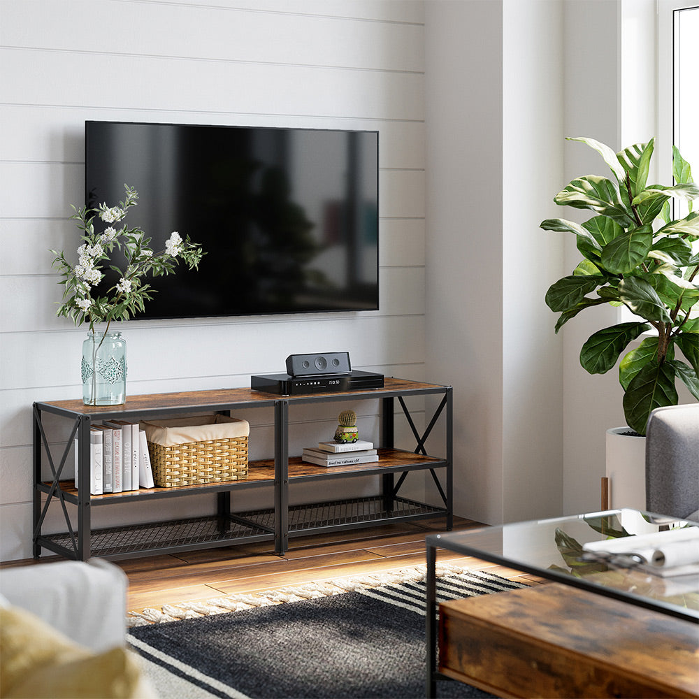 TV Stand - 3-Tier Industrial Style - Steel - Rustic Brown and Black