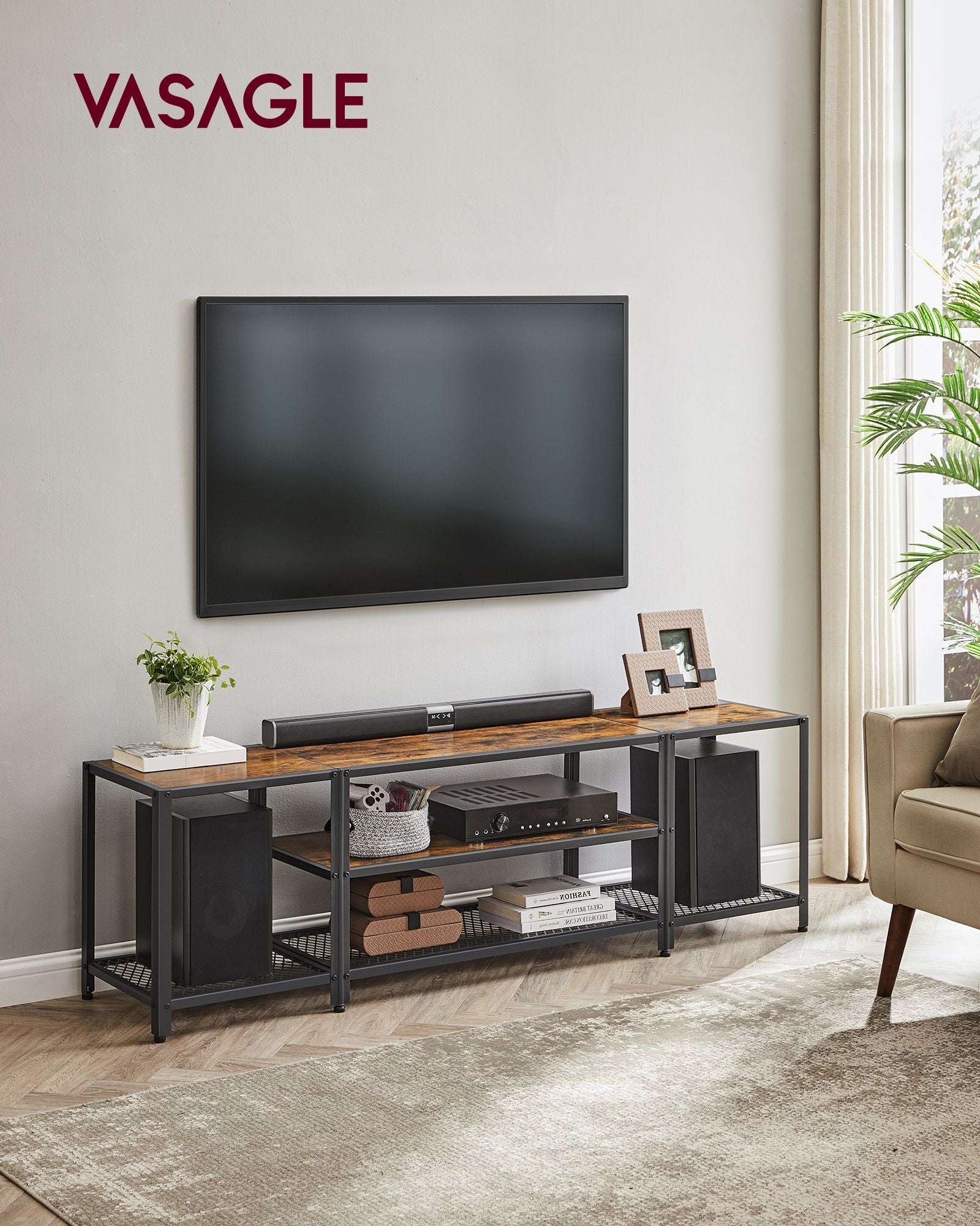 3-Tier TV Cabinet - Wood - Open Shelves for TVs up to 75 Inches