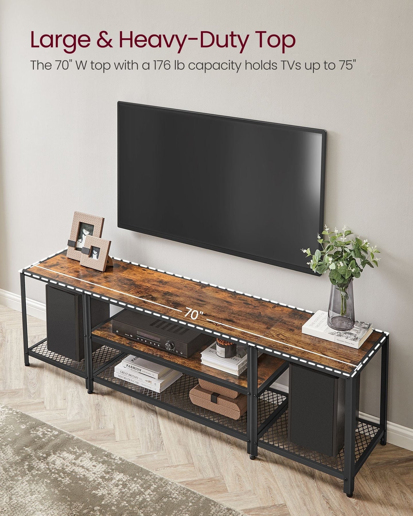 3-Tier TV Cabinet - Wood - Open Shelves for TVs up to 75 Inches