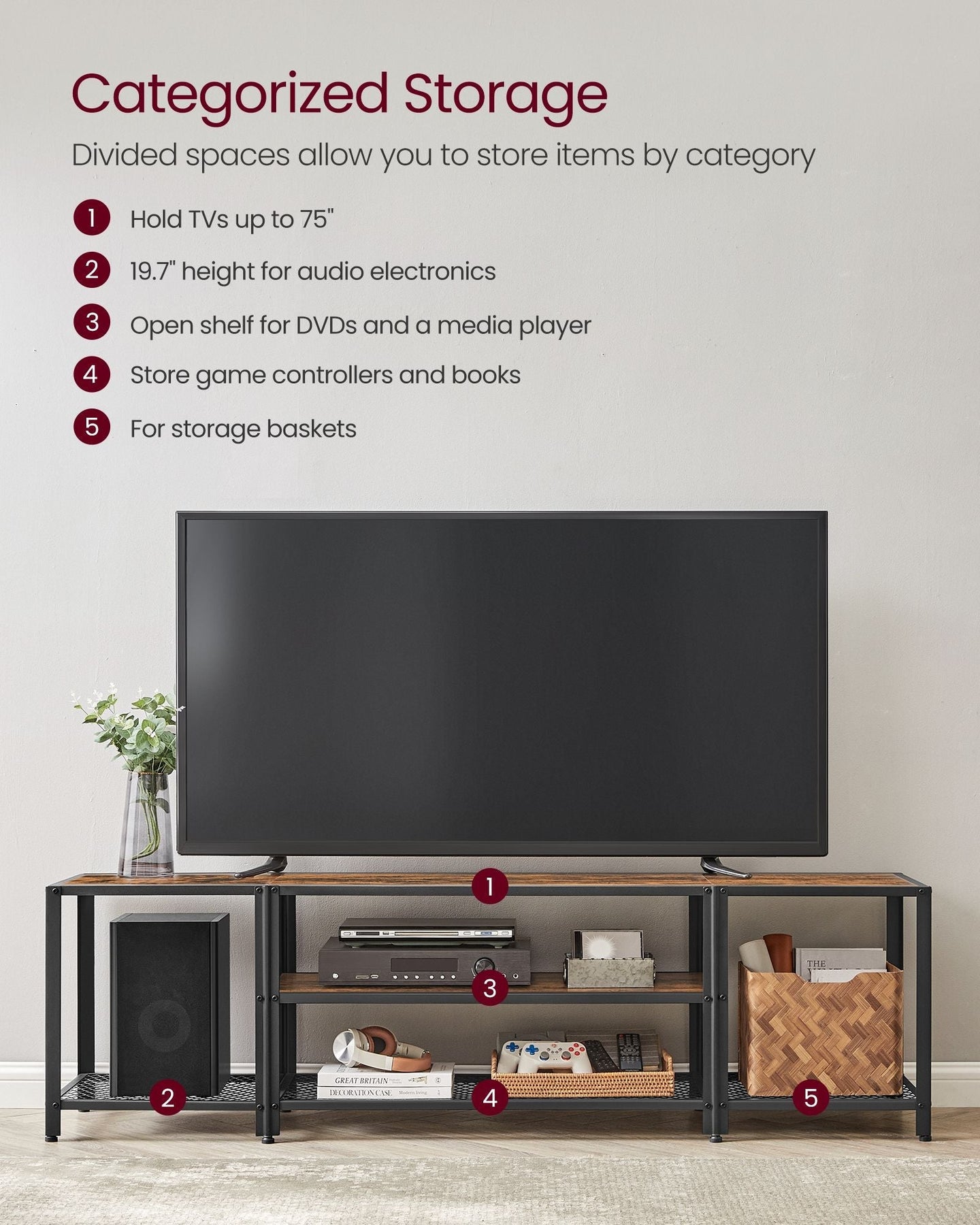 3-Tier TV Cabinet - Wood - Open Shelves for TVs up to 75 Inches