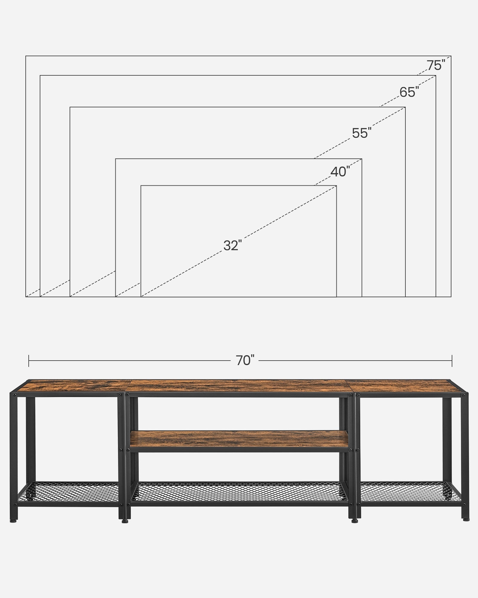 3-Tier TV Cabinet - Wood - Open Shelves for TVs up to 75 Inches