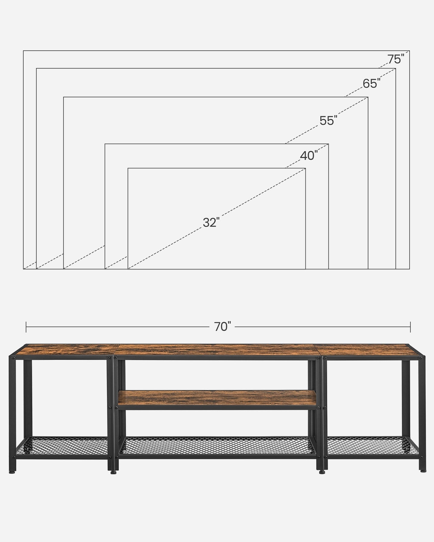 3-Tier TV Cabinet - Wood - Open Shelves for TVs up to 75 Inches