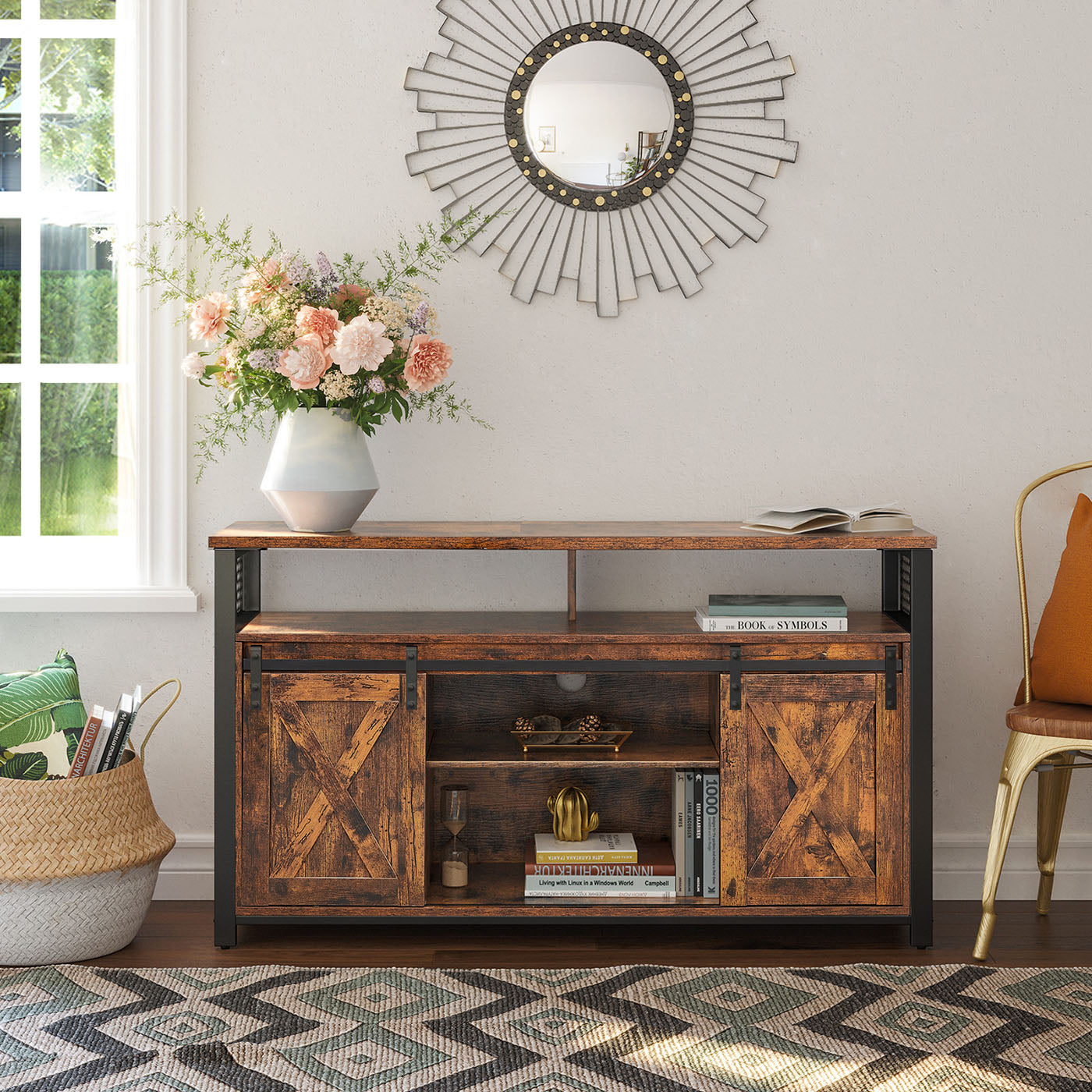 Media Console Table - Engineered Wood - Rustic Brown and Black - Sliding Barn Doors