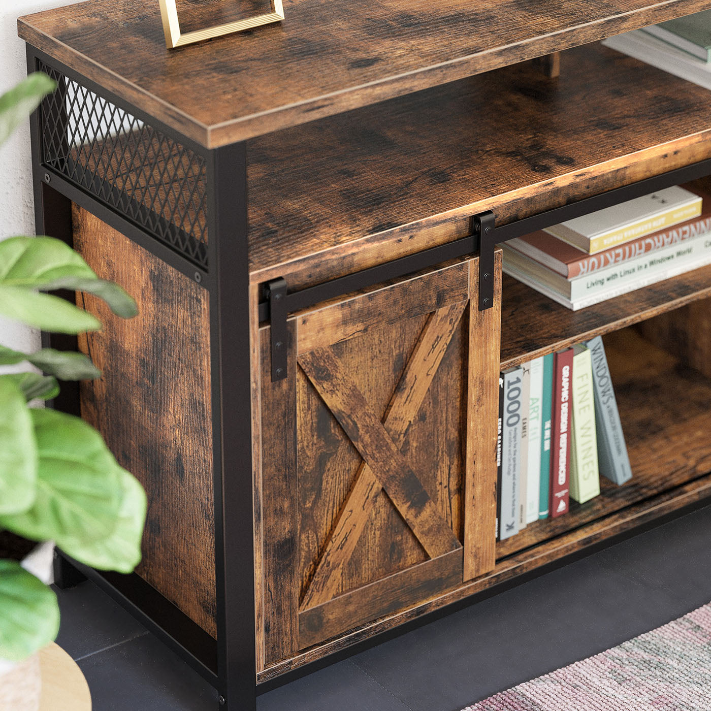 TV Stand - Rustic Brown and Black - Sliding Barn Doors