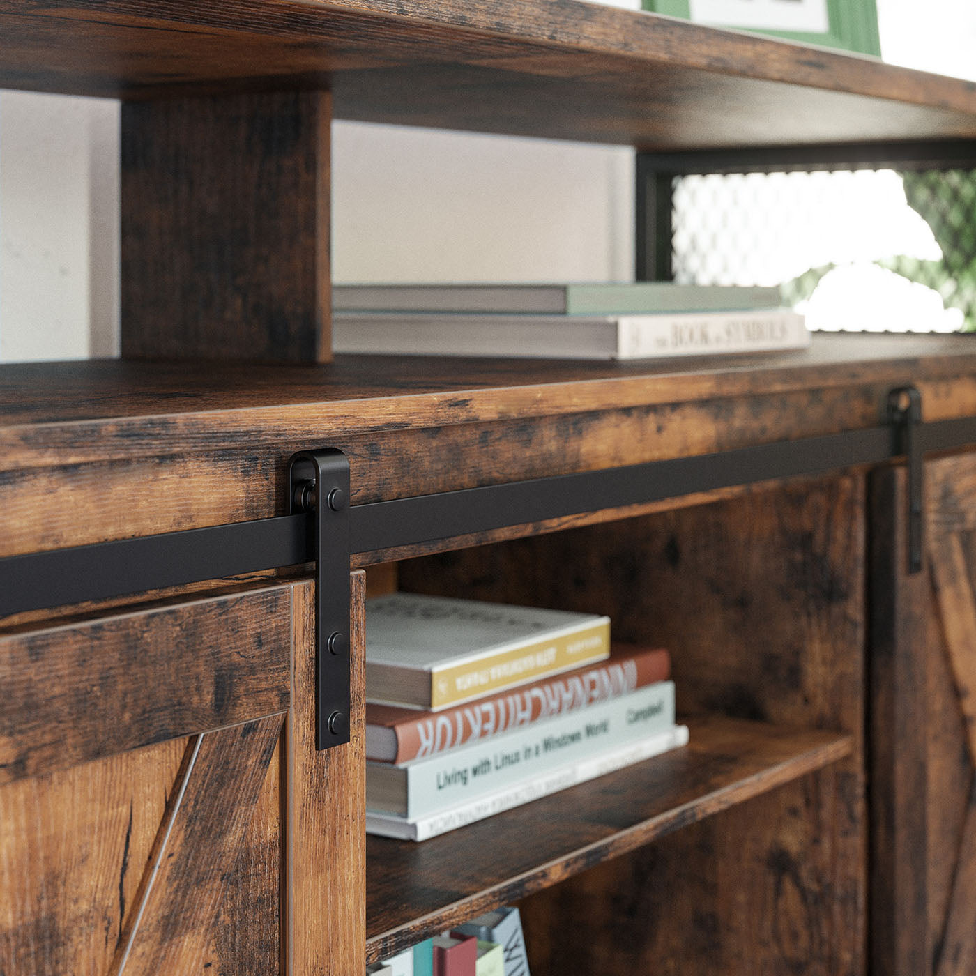 TV Stand - Rustic Brown and Black - Sliding Barn Doors