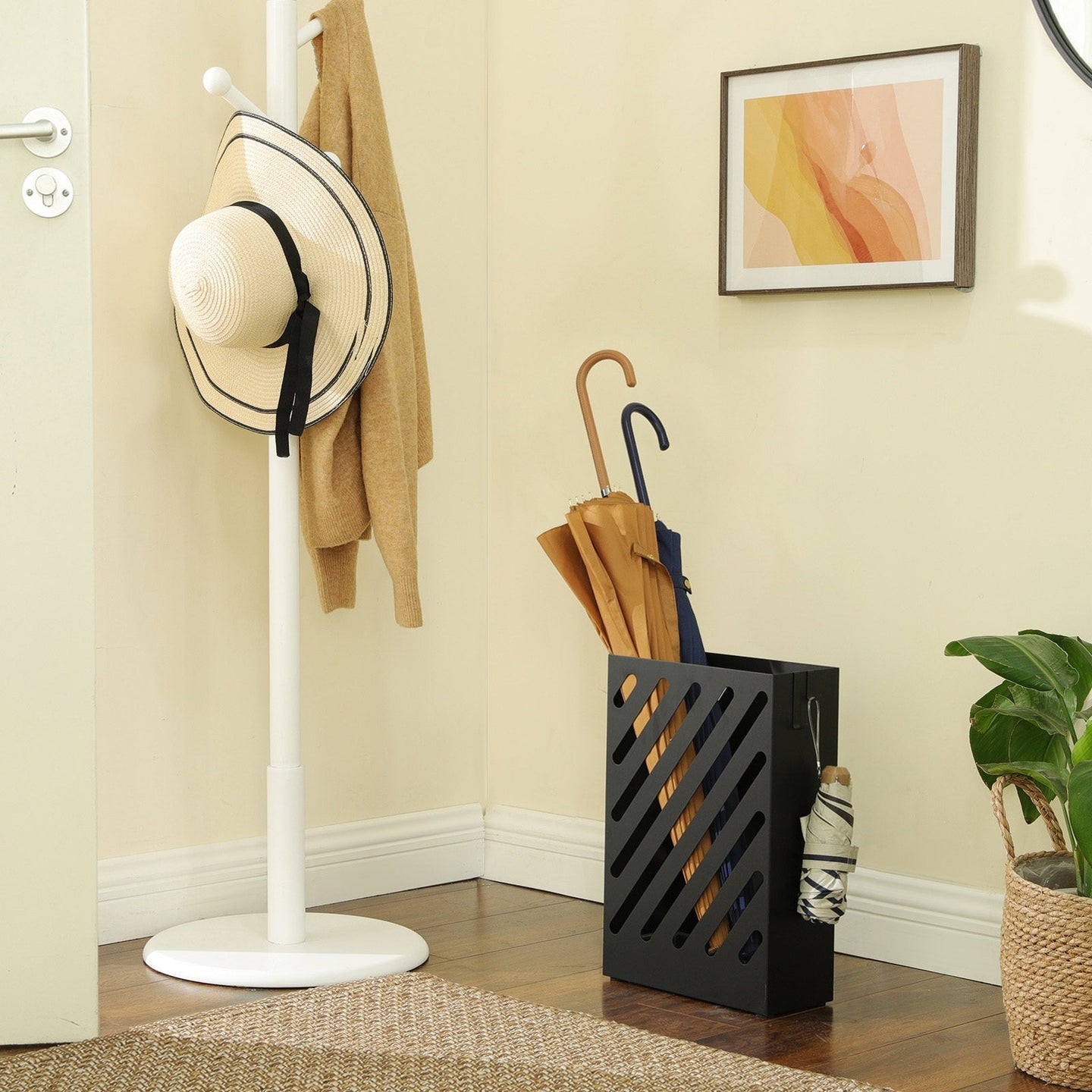 Umbrella Holder - Steel - Black - Hollow-Out Design with Hooks and Water Tray