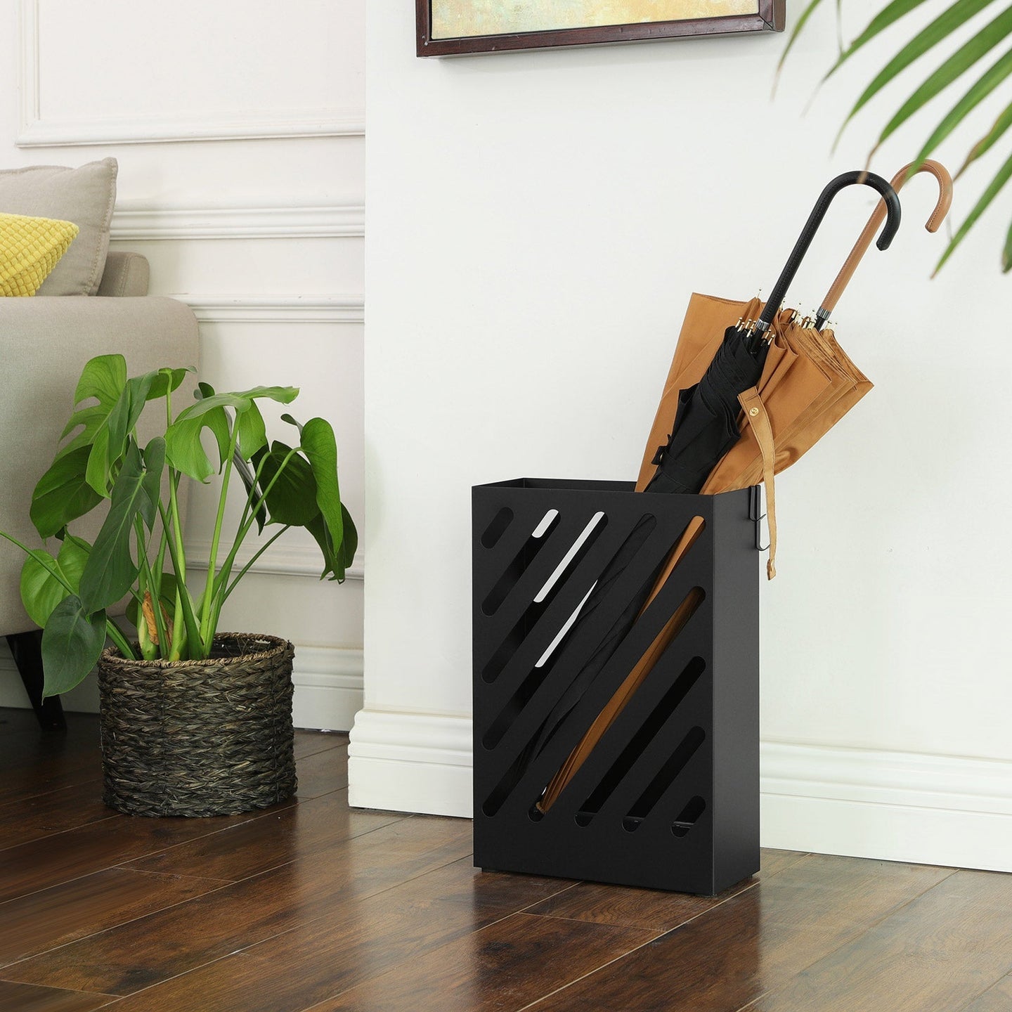 Umbrella Holder - Steel - Black - Hollow-Out Design with Hooks and Water Tray