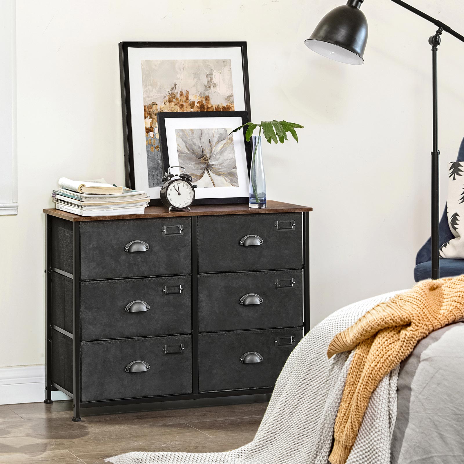 Wide Storage Dresser - Fabric - Rustic Brown and Black - 6 Drawers