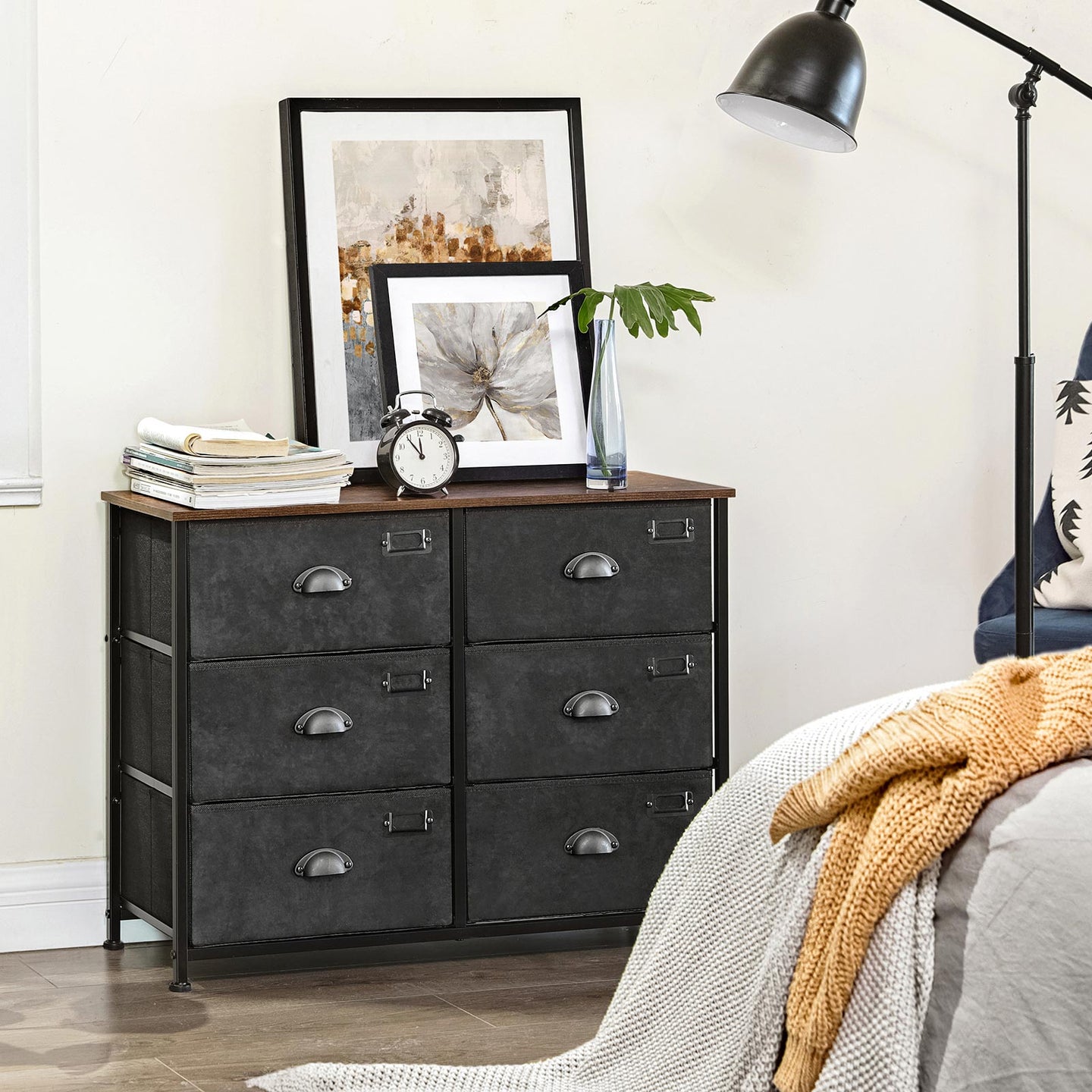 Wide Storage Dresser - Fabric - Rustic Brown and Black - 6 Drawers