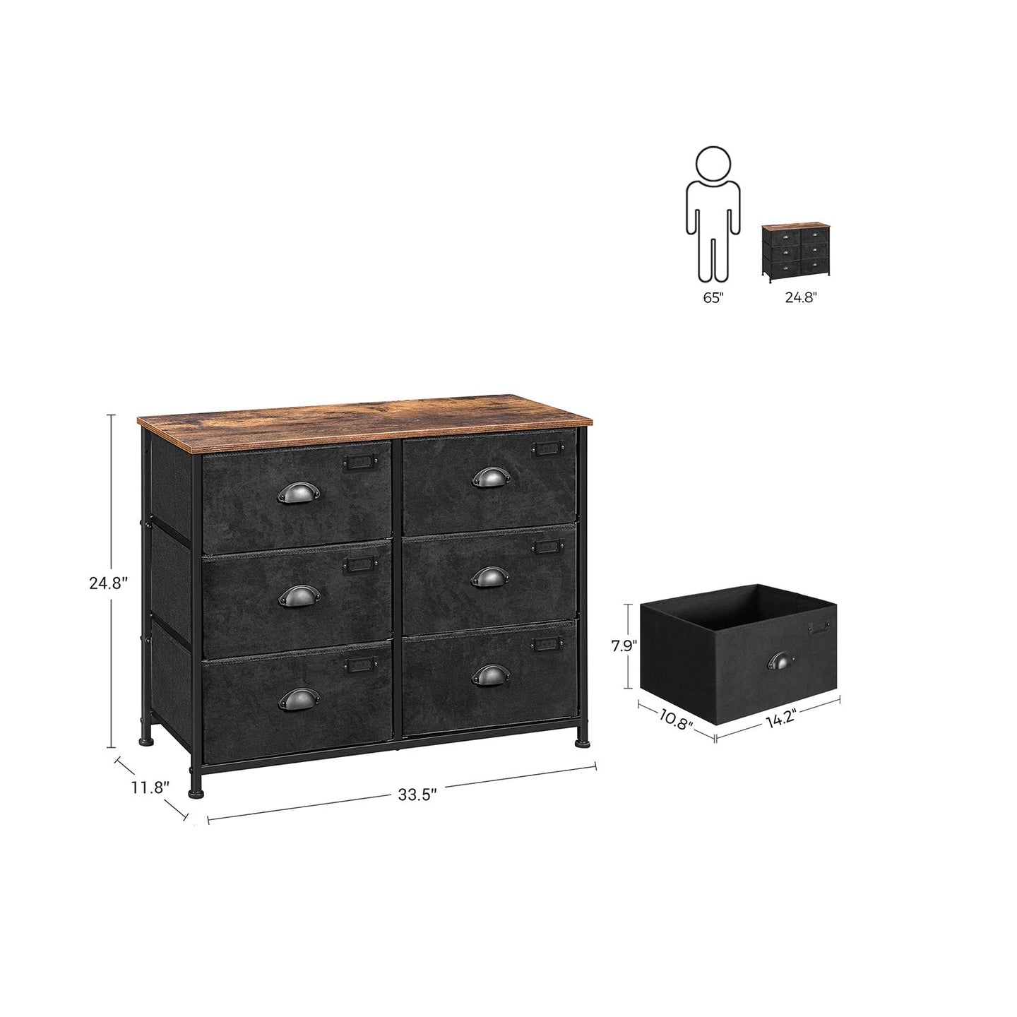 Wide Storage Dresser - Fabric - Rustic Brown and Black - 6 Drawers