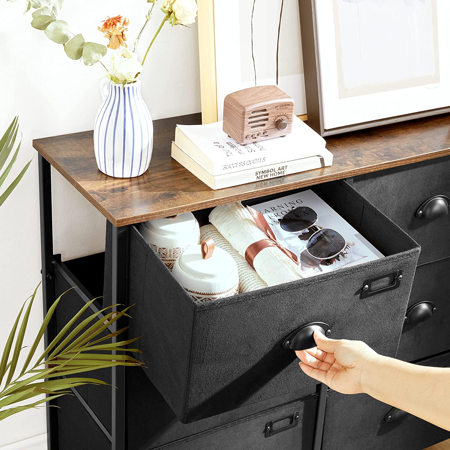 Dresser Unit - Fabric - Rustic Brown and Black - 8 Drawer Storage Cabinet