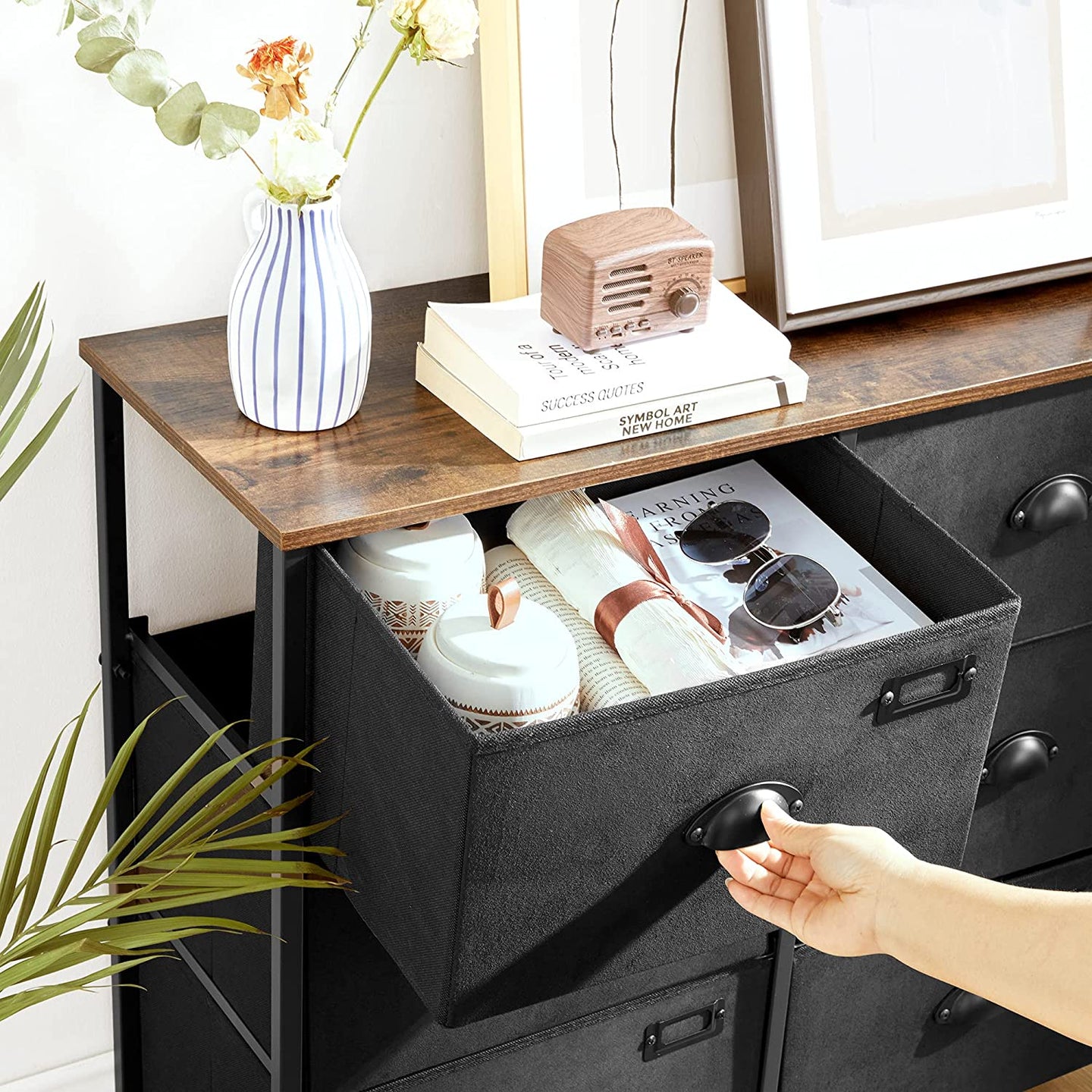 Dresser Unit - Fabric - Rustic Brown and Black - 8 Drawer Storage Cabinet