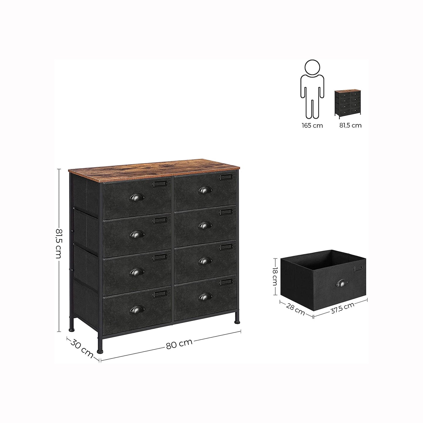 Dresser Unit - Fabric - Rustic Brown and Black - 8 Drawer Storage Cabinet