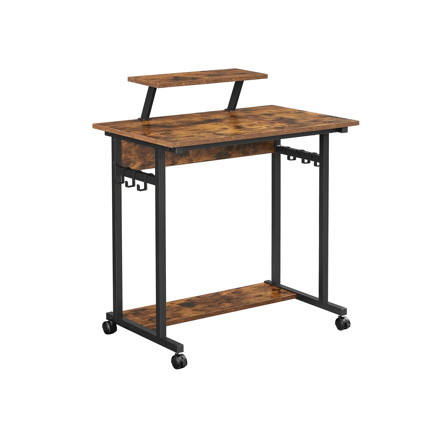 Mobile Computer Desk - Wood - Rustic Brown and Black - Features Monitor Stand and Hooks