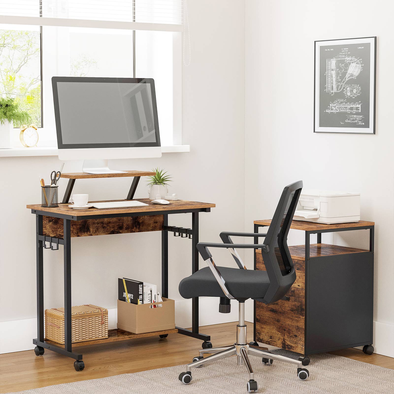 Mobile Computer Desk - Wood - Rustic Brown and Black - Features Monitor Stand and Hooks