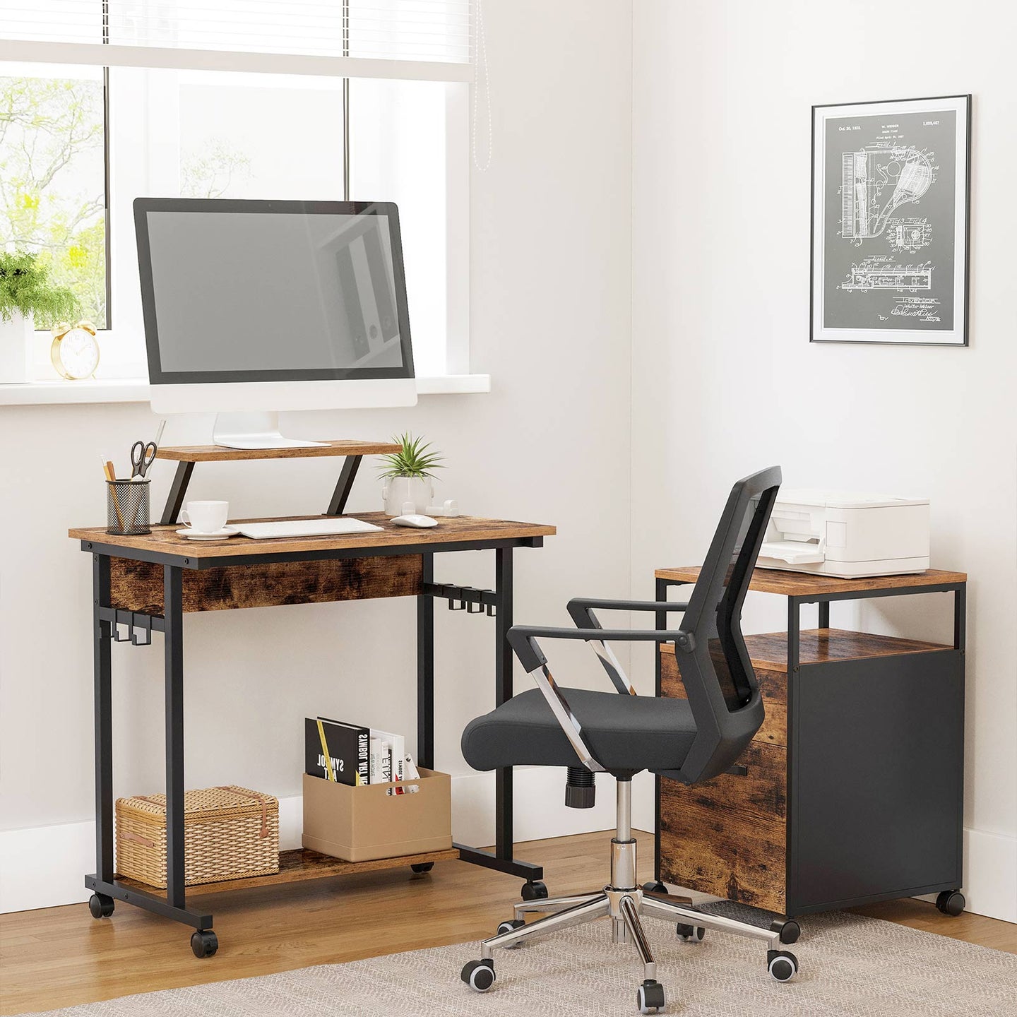 Mobile Computer Desk - Wood - Rustic Brown and Black - Features Monitor Stand and Hooks